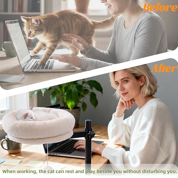 BYBYME CAT DESK BED FOR INDOOR CATS, KITTY BED FOR DESK SUPPORTS 44 LBS, 360° ROTATION & ADJUSTABLE, SOFT CAT NEST DESKTOP WITH HANGING BALL FOR OFFICE DESKS HOME TABLES, 12″ IN DIAMETER（WHITE）