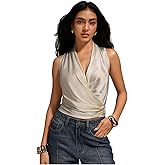 SHENHE Women's Satin Wrap Ruched Tie Side Tank Top Deep V Neck Sleeveless Elegant Blouse
