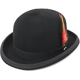 GEMVIE Men's Bowler Derby Hat 100% Wool Bowler Hats for Men with Feather Black Derby Hat Satin Lined