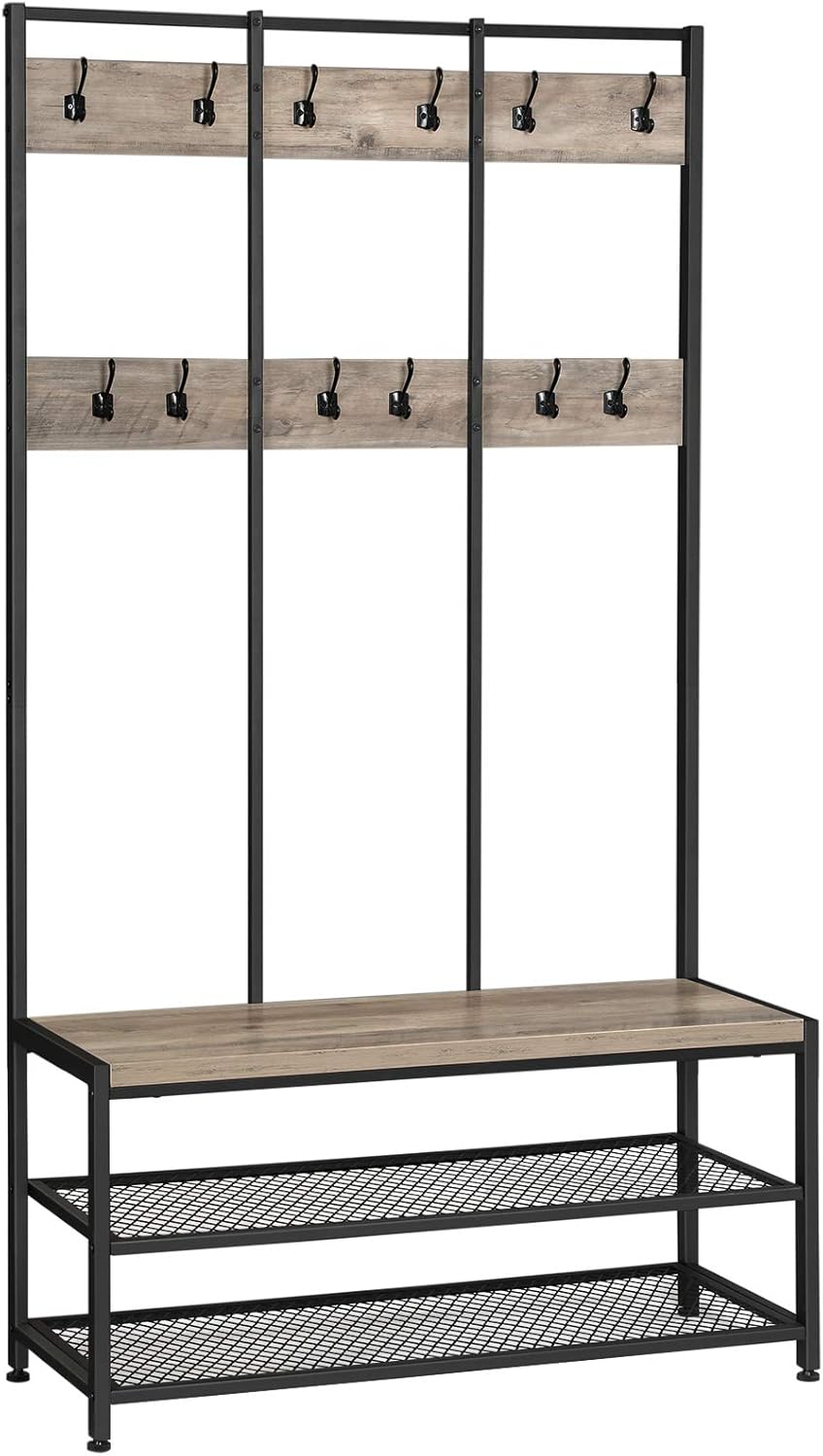 VASAGLE Large Coat Rack Stand, Coat Tree with 12 Hooks and Shoe Bench