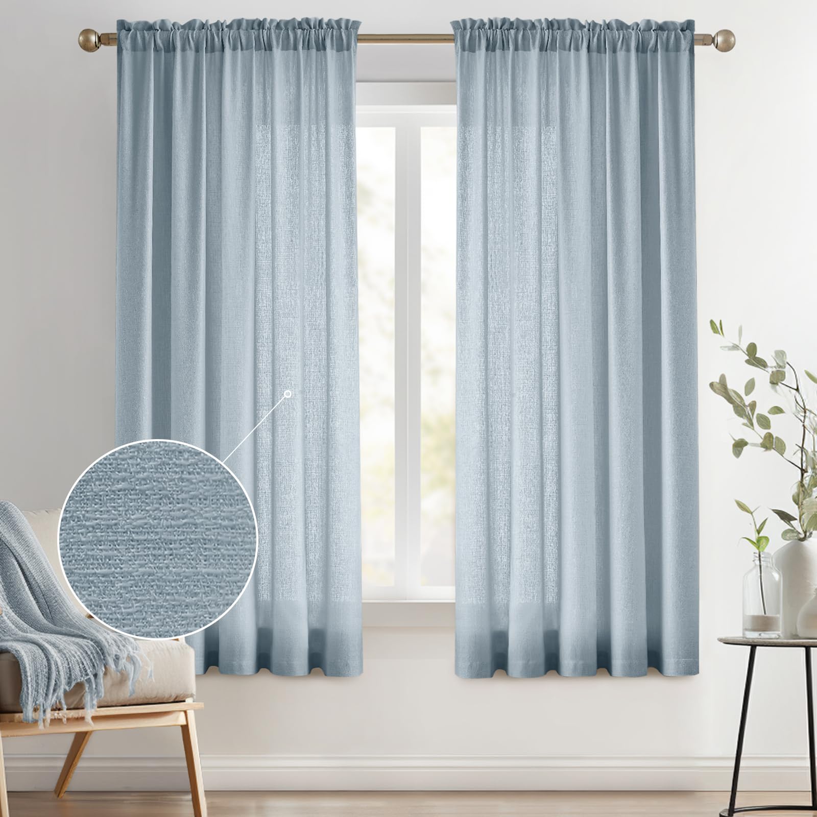 Melodieux Dusty Blue Semi Sheer Curtains 54 Inches Long, Bedroom Short Sheer Curtains, Faux Linen Farmhouse Light Filtering Rod Pocket Shiny Sheer Drapes Home Office, 52" W x 54" L, 2 Panels