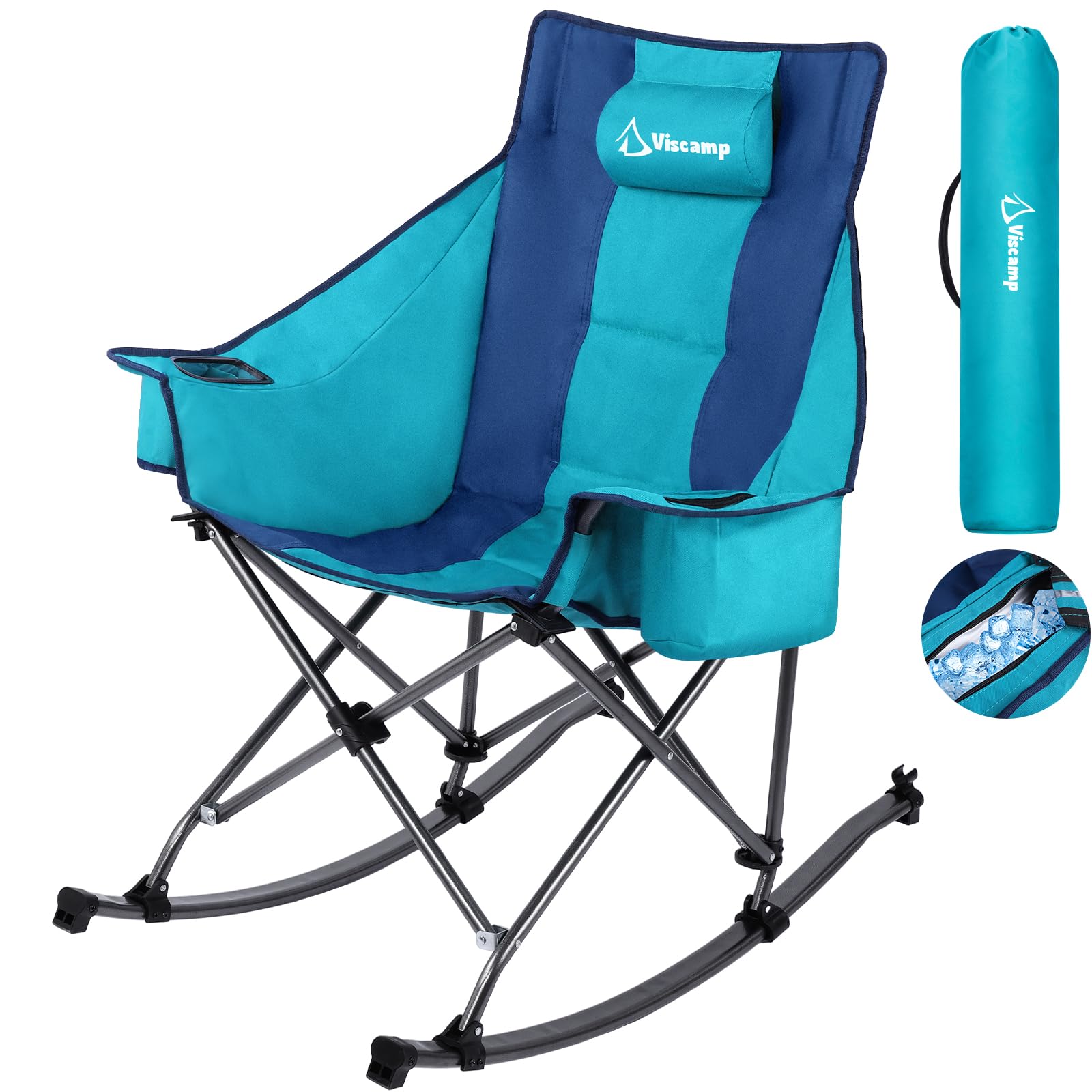 Photo 1 of 350lbs Rocking Camping Chair, Oversized Fully Padded Patio Chair Lawn Chairs With Cooler Bag Headrest and Cup Holder Rocking Chair Outdoor Folding Chairs For Outside Camping Contest(BlueGreen)