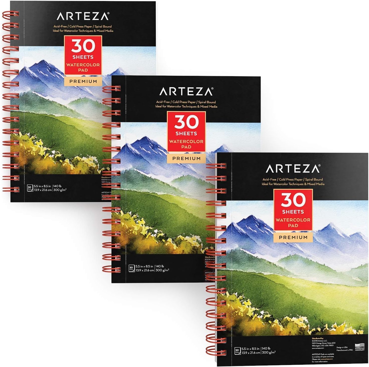 Arteza Premium Watercolour Paper Pad, 3 Pack, 90 Sheets, 13.9 x 21.6 cm, Spiral Bound, 300gsm Watercolour Paper, Cold-Pressed, Acid-Free, Art Supplies for Watercolour Techniques and Mixed Media