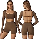 ABOCIW Workout Sets for Women 2 Piece Seamless Long Sleeve Crop Top Scrunch Butt High Waisted Shorts Gym Sets