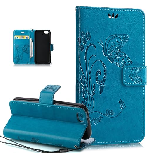 Kompatibel mit iPhone 5C Hülle,iPhone 5C Lederhülle,Prägung Groß Schmetterling Blumen PU Lederhülle Flip Hülle Cover Schale S