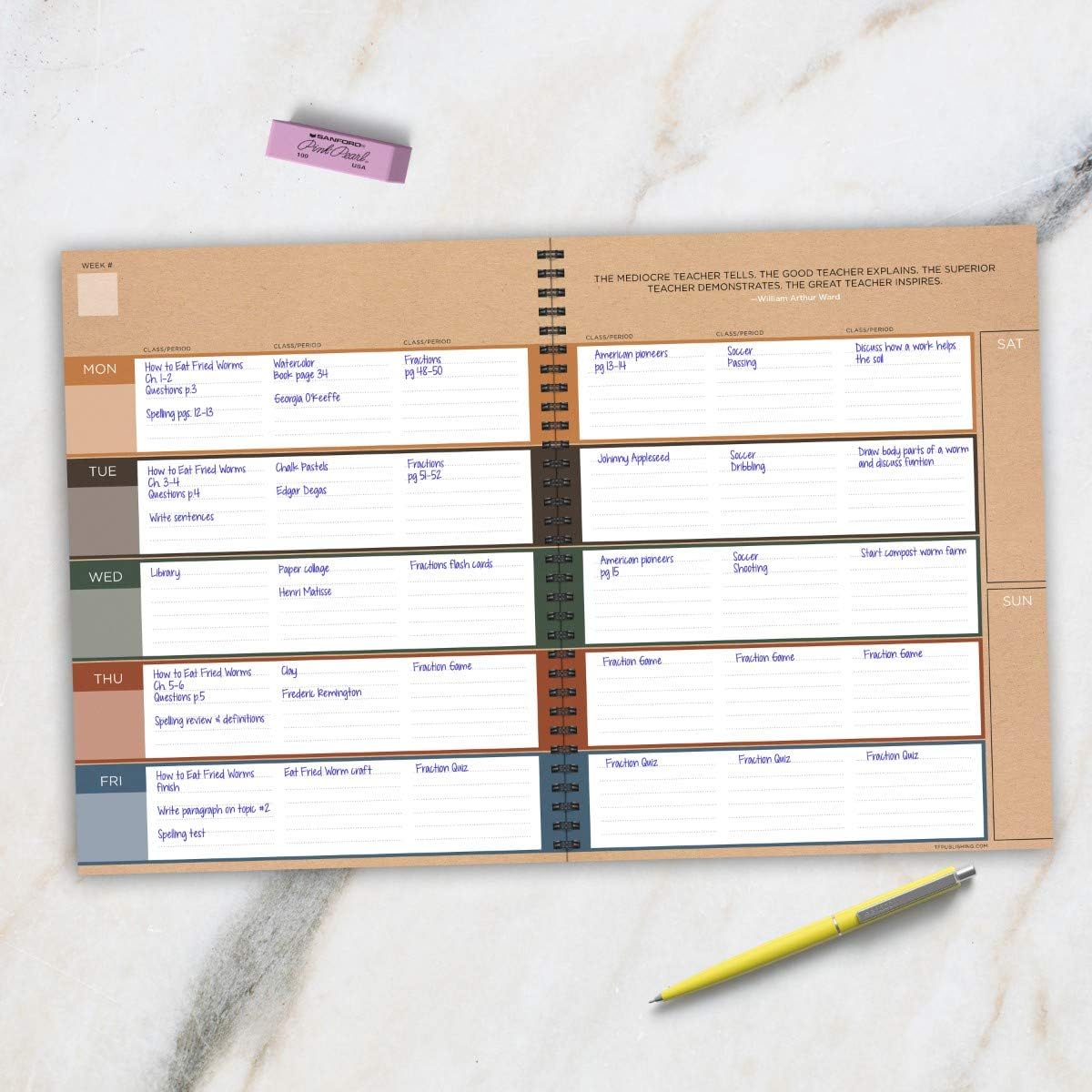 TF PUBLISHING - Kraft Undated Weekly Teacher Planner Lesson Plan Book - Office/School Supplies - Monthly and Weekly Planning - Six Class Sections - Lined Pages - 12 Months - 8.5” x 11” : Office Products
