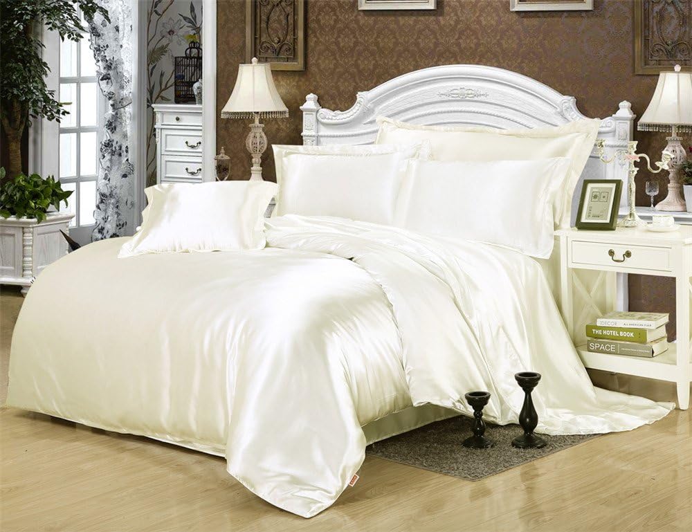 Lotus Karen Satin Silky Bedding Comforter Duvet Cover Fitted Sheet Pillowcases Set - Luxury Ultra Soft Solid Imitated Silk Bedding Set