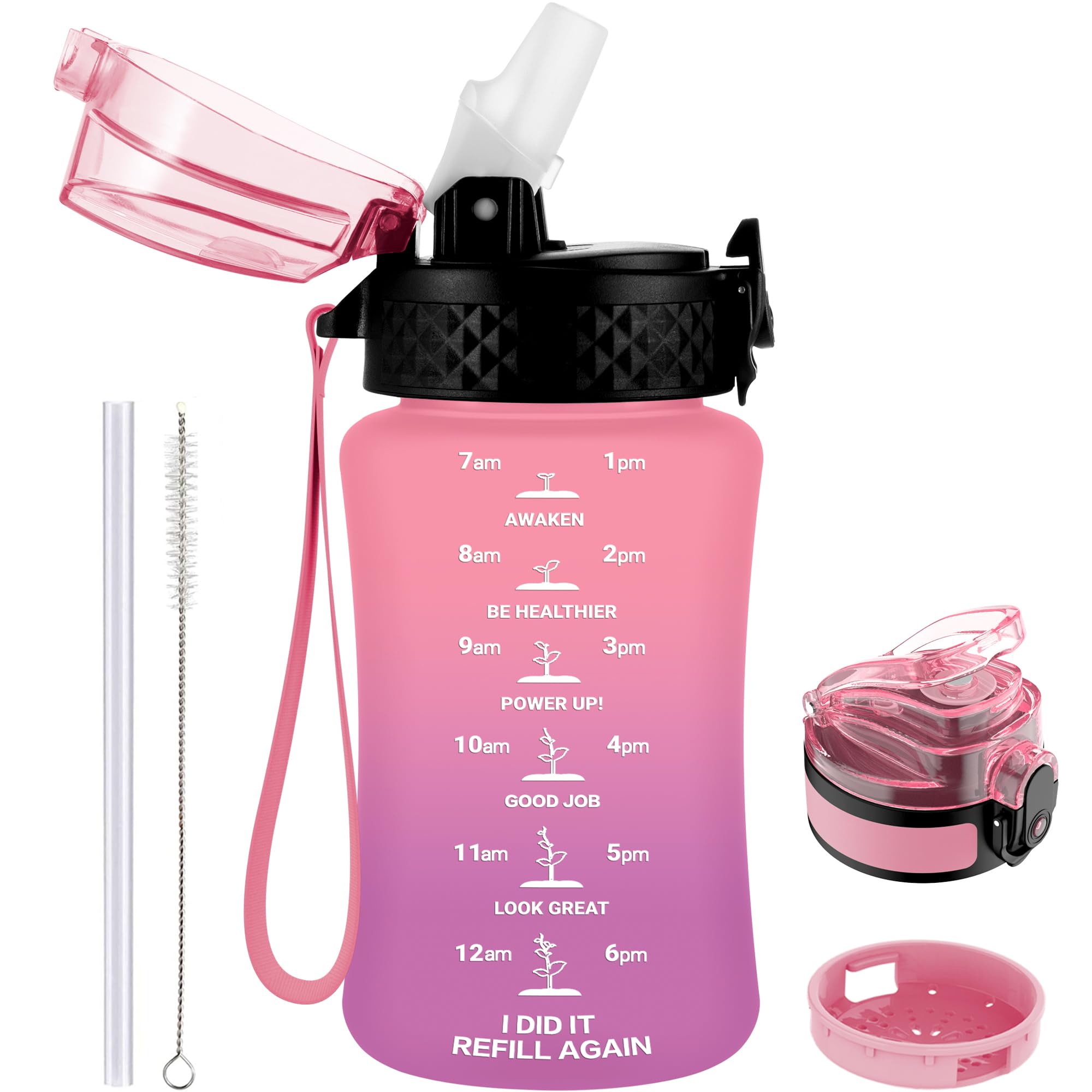 GOPPUS 350ml/12oz Kids Water Bottle With Straw Tritan Drinks Bottle with Strap Small Toddler Juice Bottles with Flip Top Lid Leakproof Children's Cup with Time Marking BPA free Girl Boy (Pink Purple)