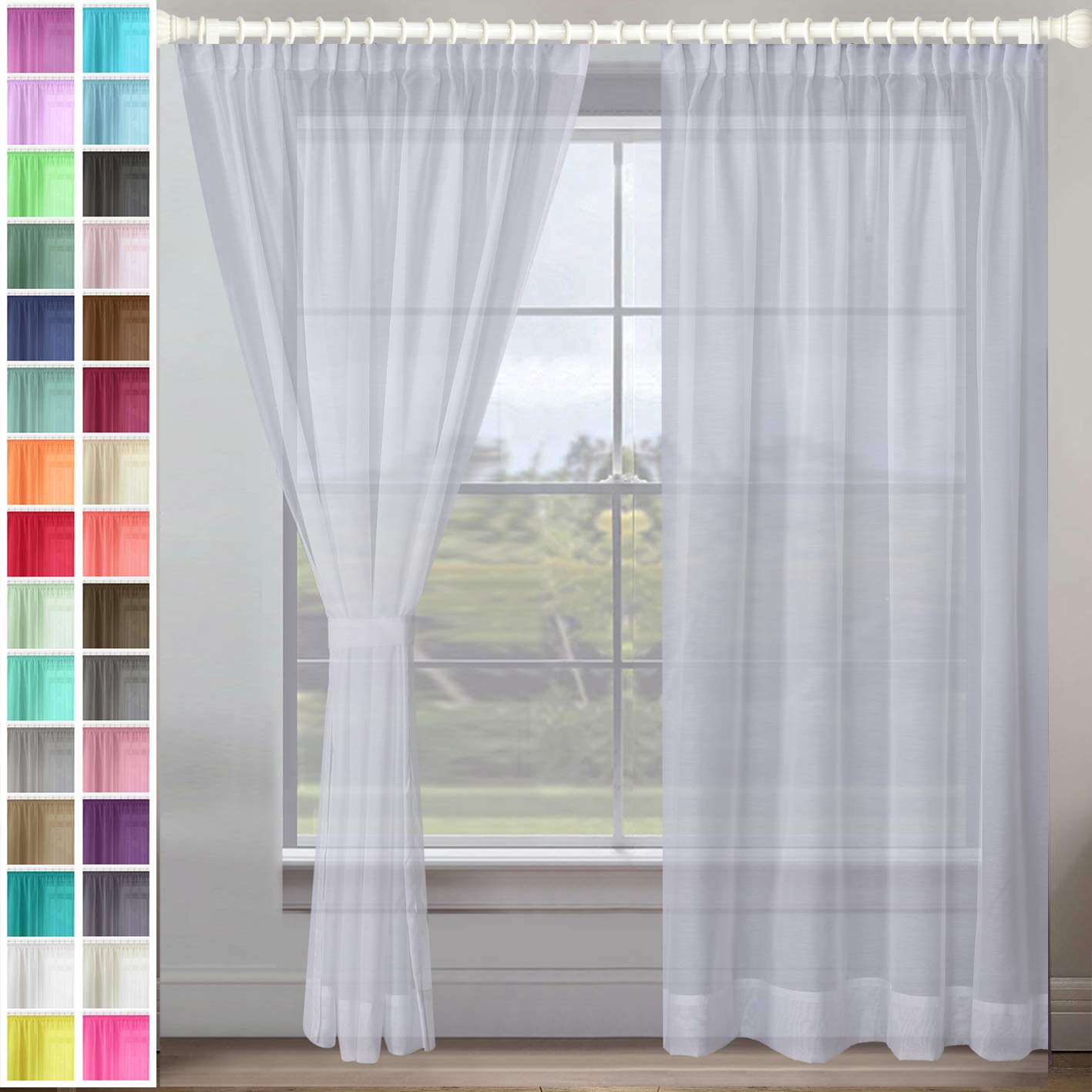 Megachest gathering tape voile curtain(Cotton Look Snow White, W 56" x L 54" (2 Panels))