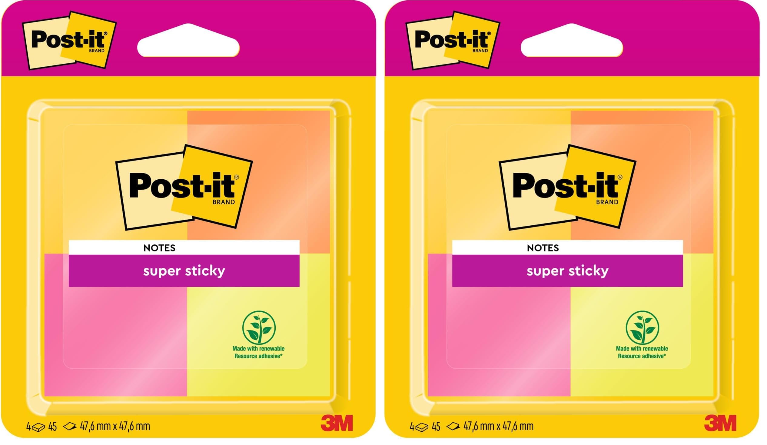 Post-it Super Sticky Notes, Assorted Colours, 47.6 mm x 47.6 mm, 4 Pads (Pack of 2)