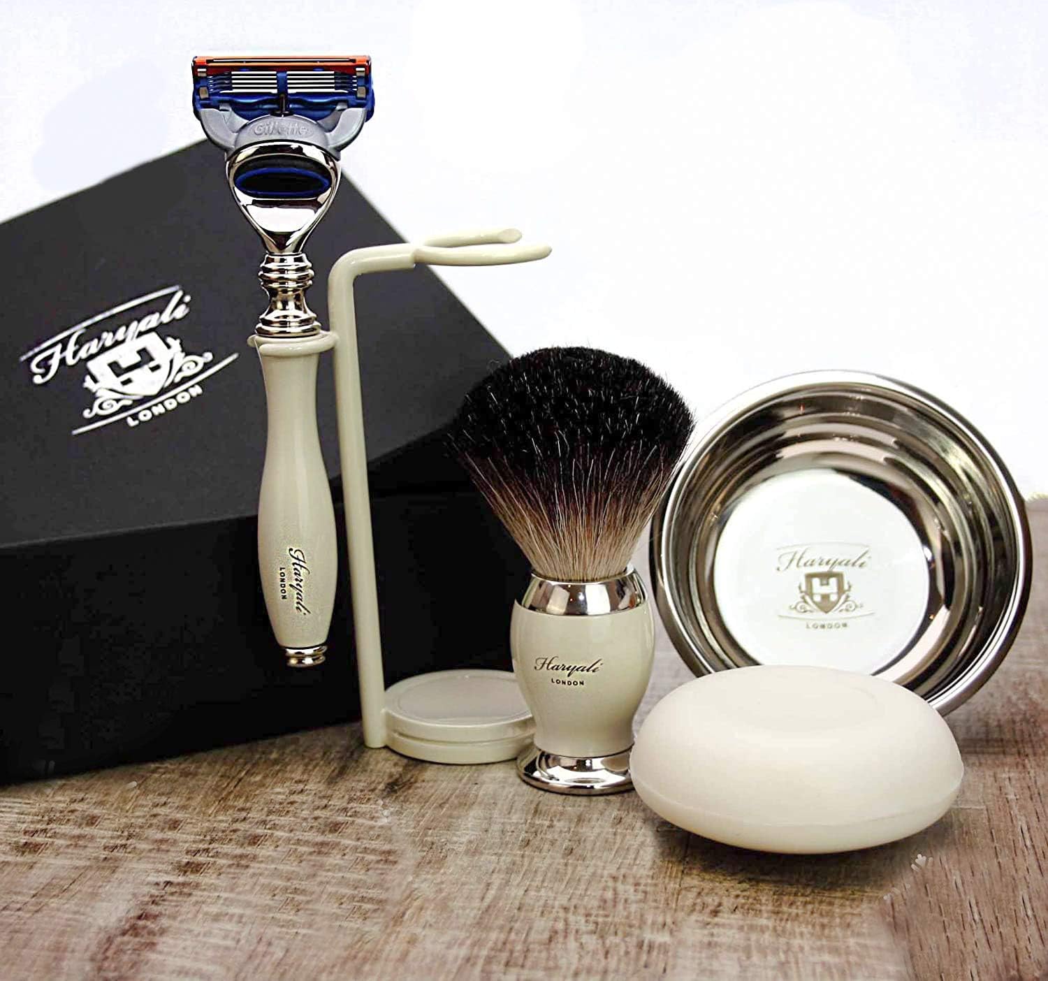 Haryali London 5Pc Mens Shaving Kit 5 Edge Shaving Razor, Black Badger Hair Brush, Bowl, Soap and Stand Perfect Set for Men