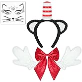 4pcs Cat Ears Headband Bow Tie Set-Bow Tie White Gloves Cat Face Stickers Red and White Headbands with Bow Tie, Cat Hat Costume Set for Book Character Day