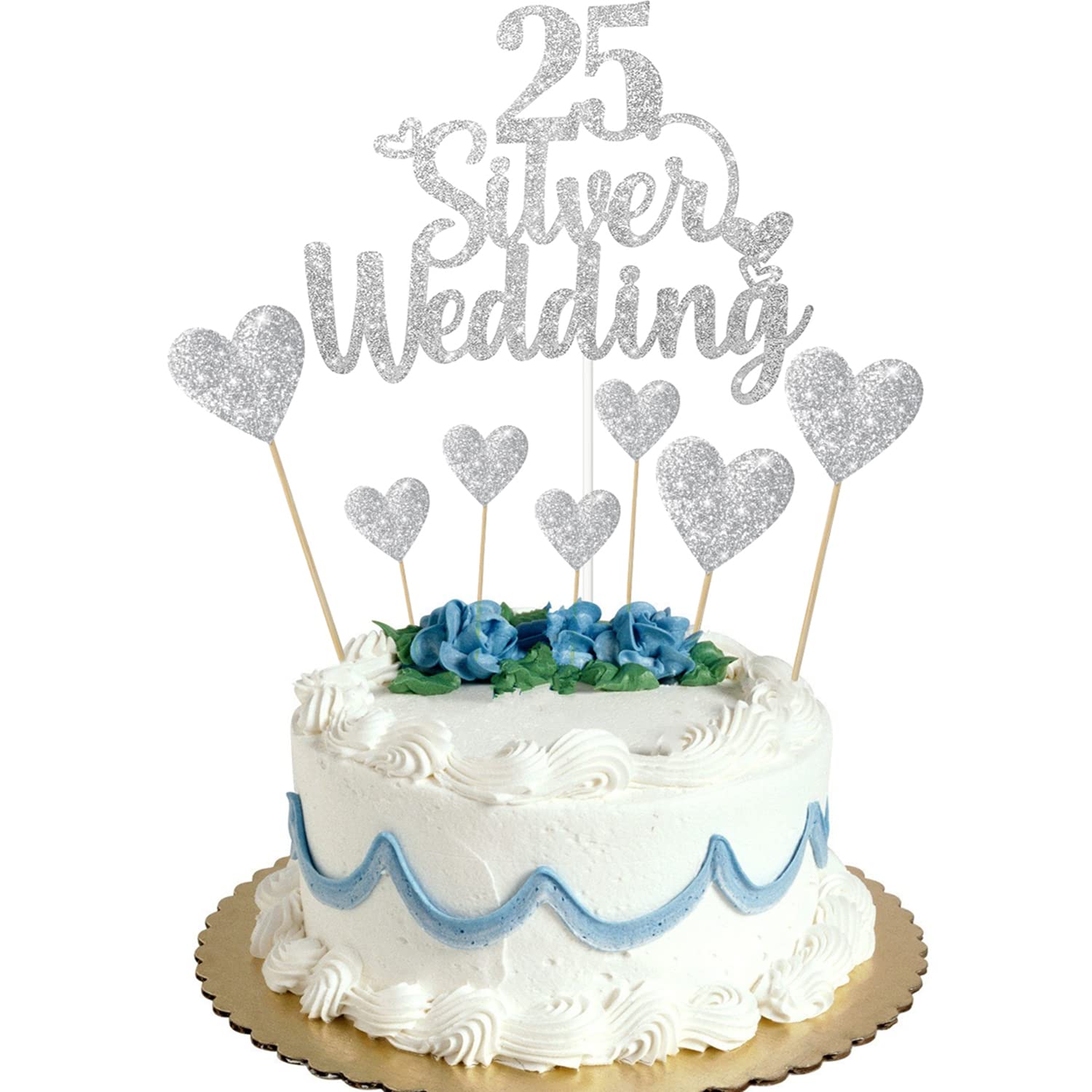 Elicola 25th Anniversary Cake Toppers Silver Weddding Anniversary Heart Cake Decoration for Celebration Party Supplies