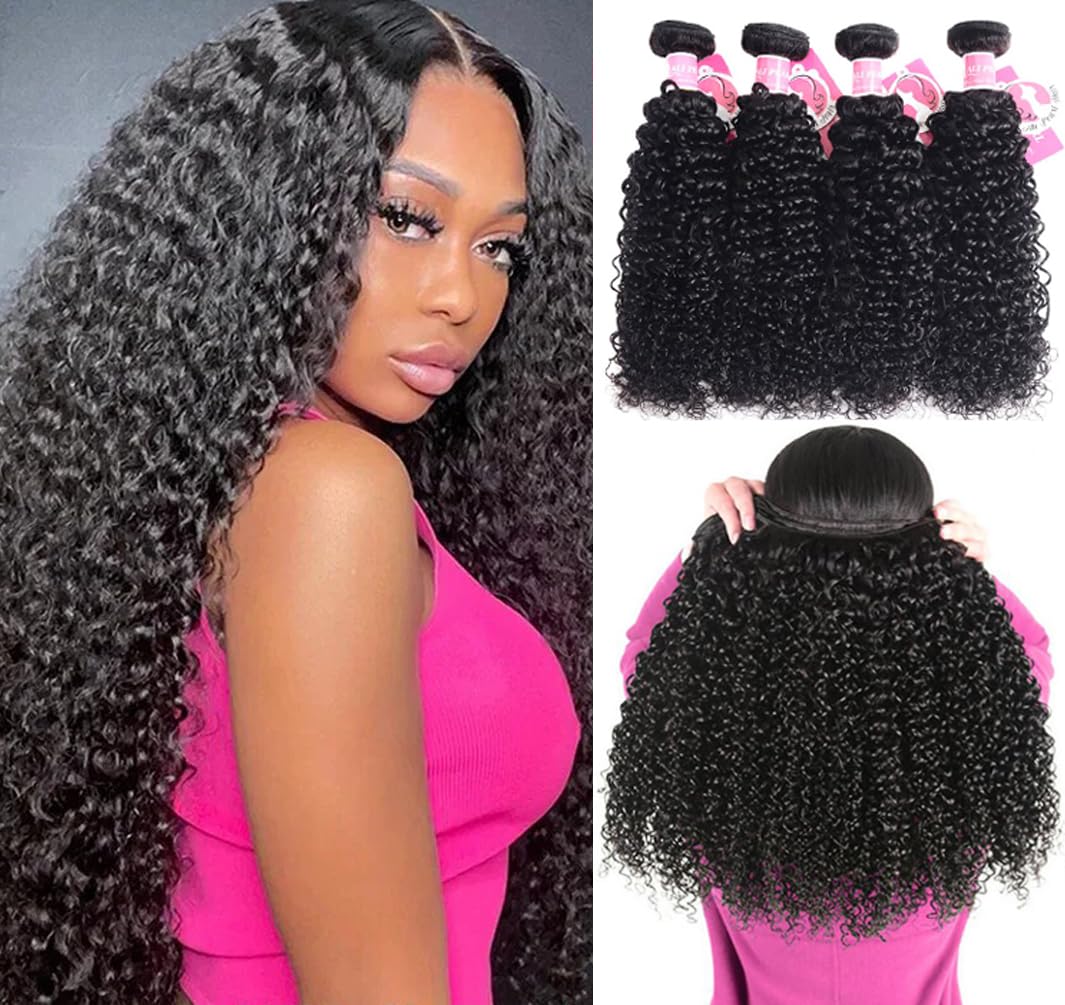 Romface 100% Unprocessed Brazilian Kinky Curly Human Hair Bundles, 10A Quality, Double Weft, Full & Thick, 95-100g/bundle, 8-26 inches, Black, Curly, Sew-In Installation, Hair Extension