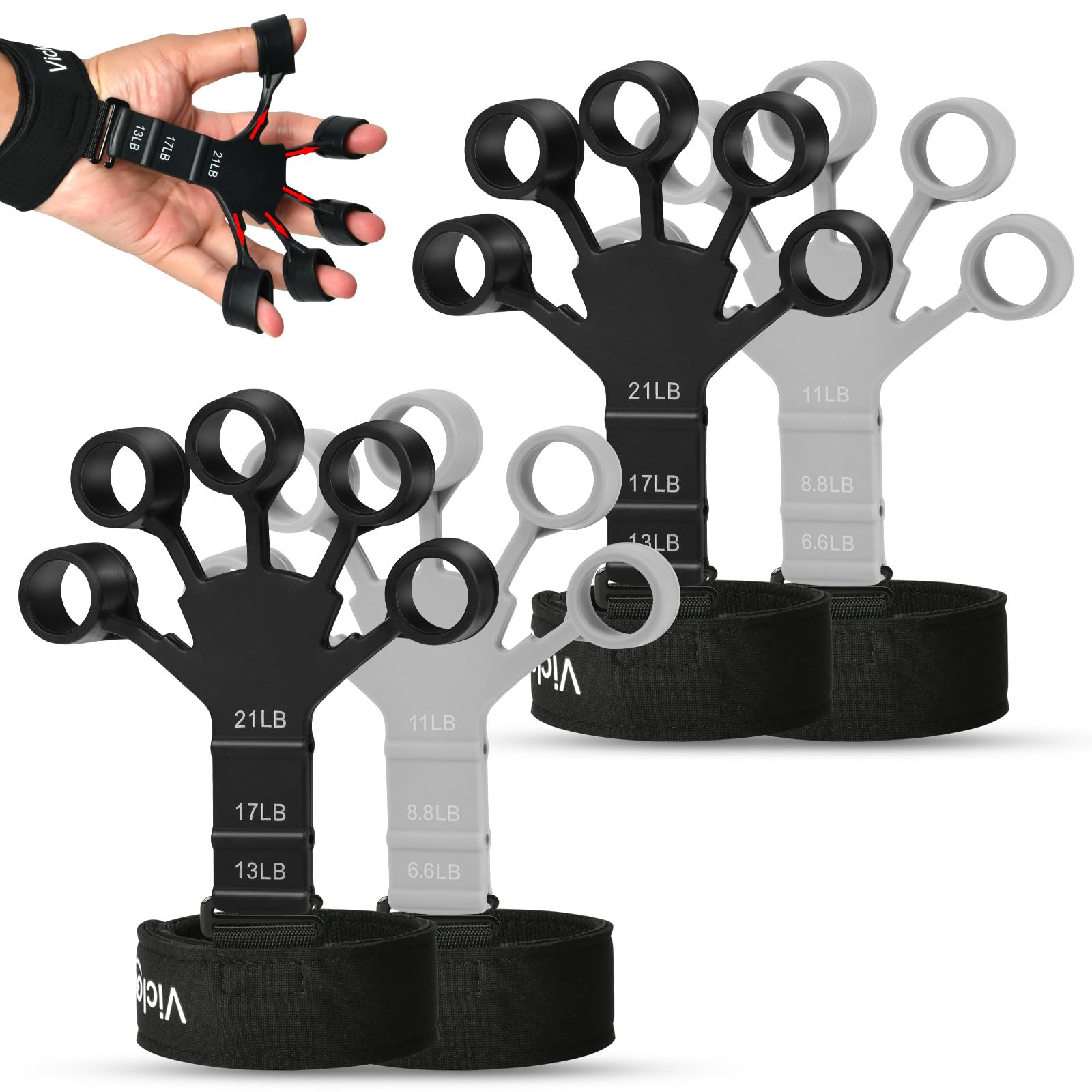 Vicloon Finger Strengthener,4pcs Finger Trainer,Hand Strengthener Finger Exerciser Stretcher,6.6-21Lbs Adjustable Finger Strengthener,Finger Exerciser & Hand Strengthener,Suitable for Sports,Climbing