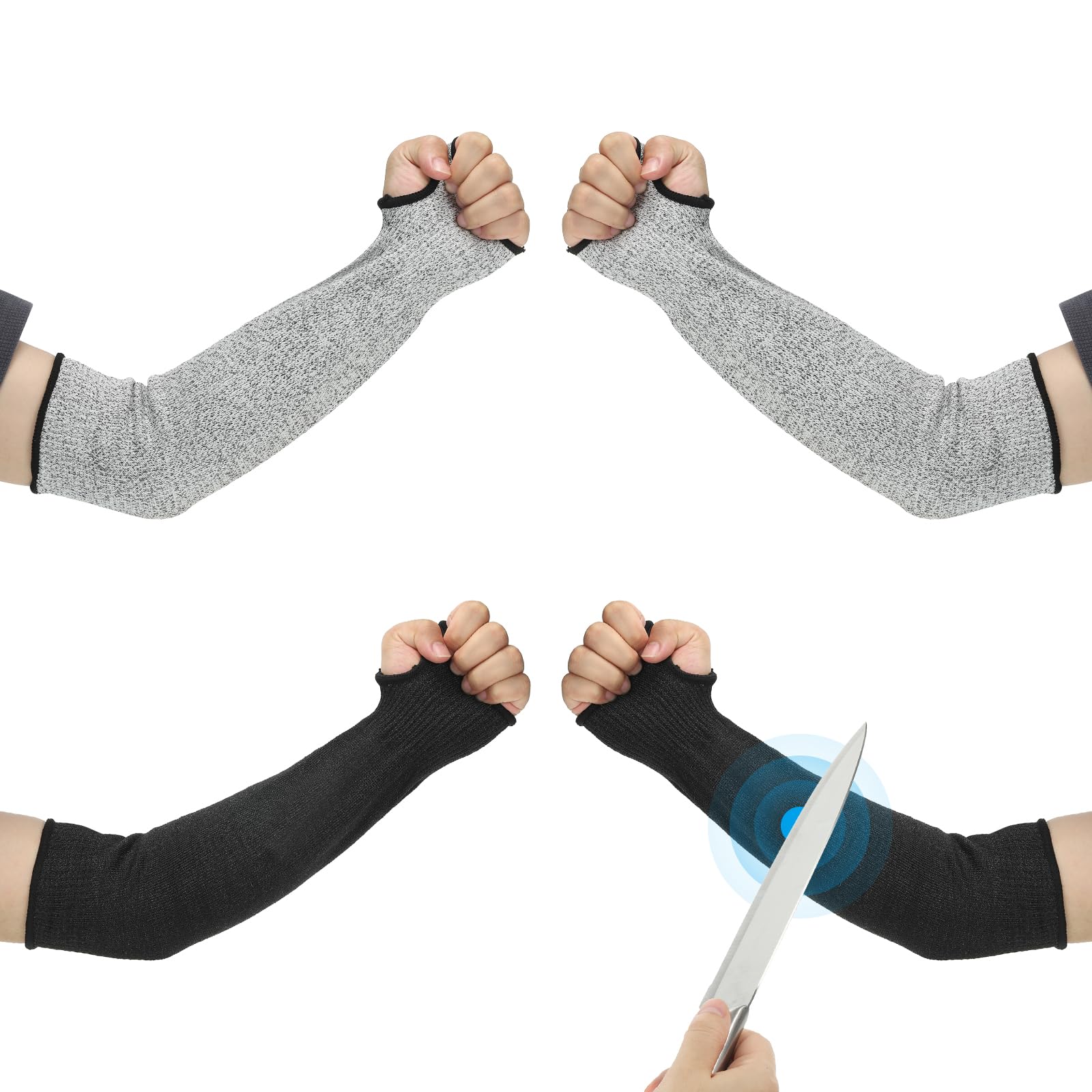 PATIKIL 16 Inch Cut Resistant Sleeve, 2 Pairs Arm Safety Protectors Sleeves with Thumb Hole Level 5 Protection Forearm Guard Sleeves for Thin Skin and Bruising, L, Black/Gray