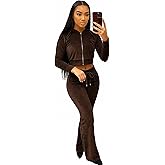 yidengymx Womens Velour Tracksuit Two Piece Outfits for Women Long Sleeve Hooded Zip Crop Tops Flared Pants Set