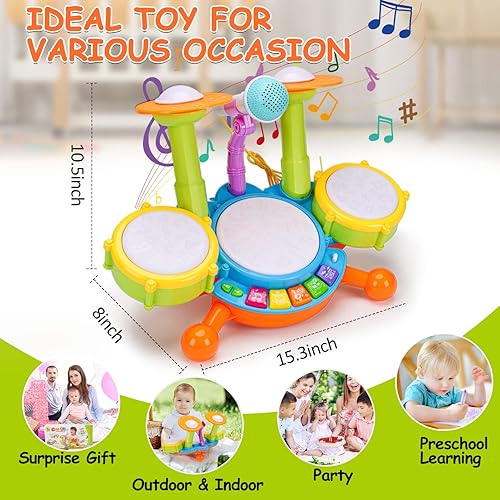 Basytodio Baby Toys 6-12 12-18 Months Drum Set Toy with Sticks Microphone  Toy for Year Old Girl Boys Mus