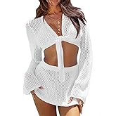 Fisoew Womens Crochet Swimsuit Coverups 2 Piece Bathing Suit Cover Up Long Sleeve Tie Front Crop Top Mini Skirt Sets