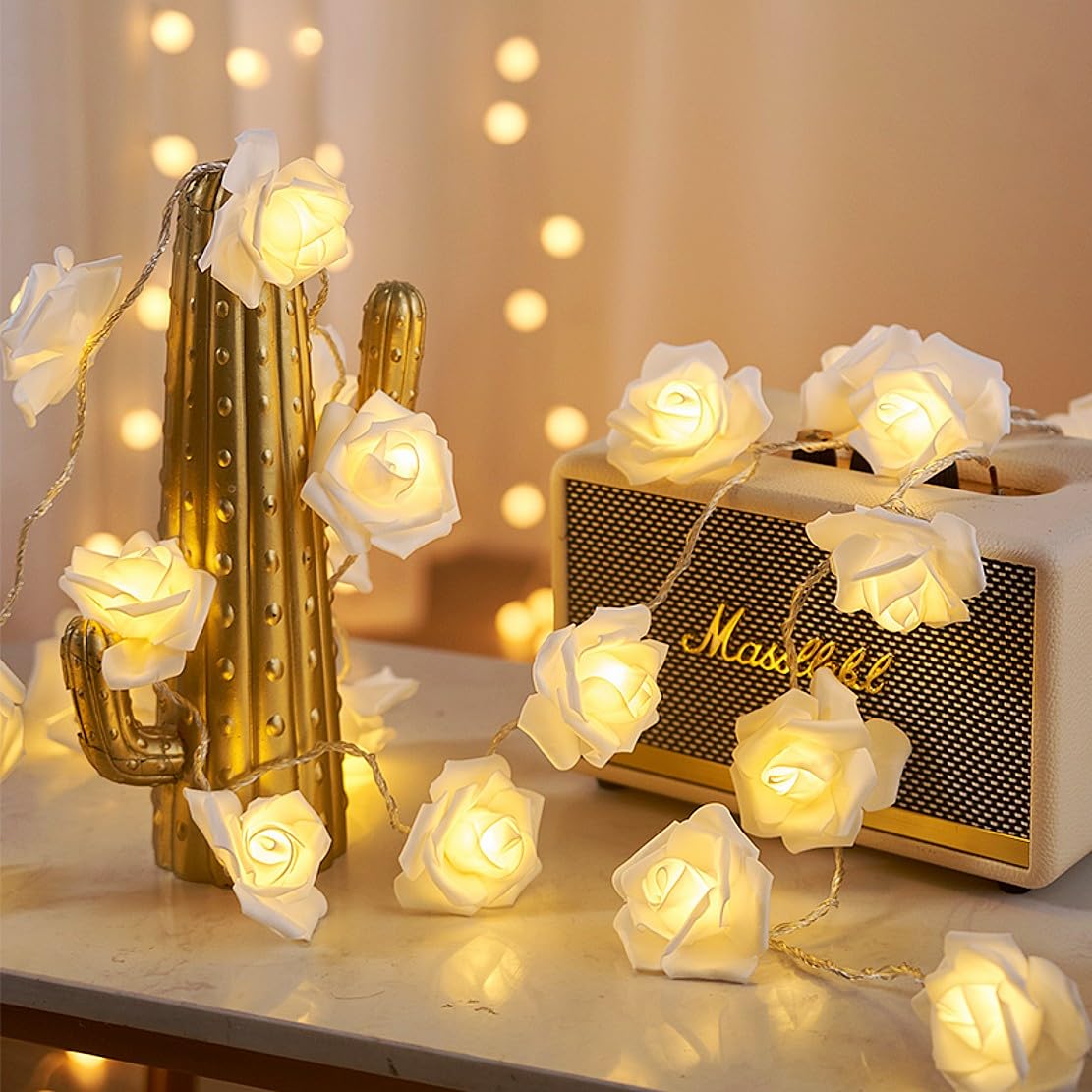 JZK 2m 6.6ft 20 LED Rose Flower String Light Battery Operated Fairy Light for Wedding, Party, Valentine's Day, Proposal, Christmas Decoration, Warm White