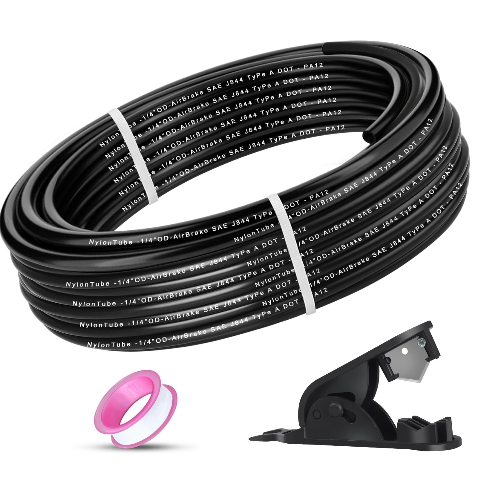 1/4" OD x 50FT DOT Air Line Tubing Kit Black SAE