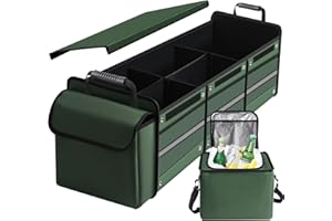 SNUOPFY Car Trunk Organizer,115L Heavy Duty Collapsible Trunk Storage, with Insulated Leakproof Cooler Bag Vehicle Cargo Organizer with Lid, 3 Compartments, Straps For Car,Suv,Jeep,Sedan-Green