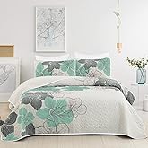 DJY 3 Pieces Quilt Set Queen Green Floral Pattern Quilt Coverlet Bohemian Floral Bedspread with 2 Pillow Shams Elegant Lightweight Botanical Bedding Quilt Set for All Season 90"x96"