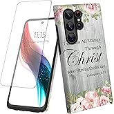 for Samsung Galaxy S25 Ultra 5G Phone Case with Screen Protector Bible Verse Philippians 4-13 Design Women Men Dual Layer Hard PC Shell Soft TPU Silicone Wireless Charging Shockproof Protective Cover