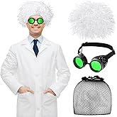 Yunlly 4 Pcs Halloween Mad Scientist Costume Set Mad Scientist Wig Long Sleeve White Lab Coat Costume Goggles Wig Net for Adults