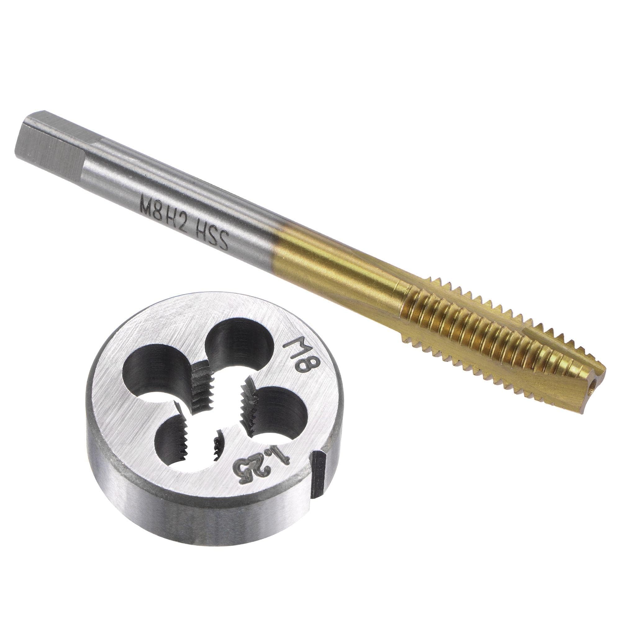 TOP-VIGOR Tap and Die Set Metric M8 x 1.25, HSS (High Speed Steel) Titanium Plated Machine Spiral Point Thread Screw Tap, Alloy Steel Round Threading Die for Cutting External and Internal Thread