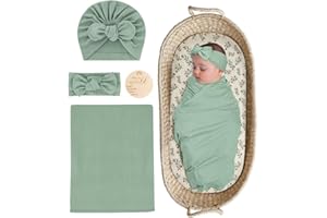 ZURLEFY Stretchy Baby Swaddle Blanket and Headband Set, Newborn Receiving Blankets with Matching Hat for Nursery Swaddle Wrap