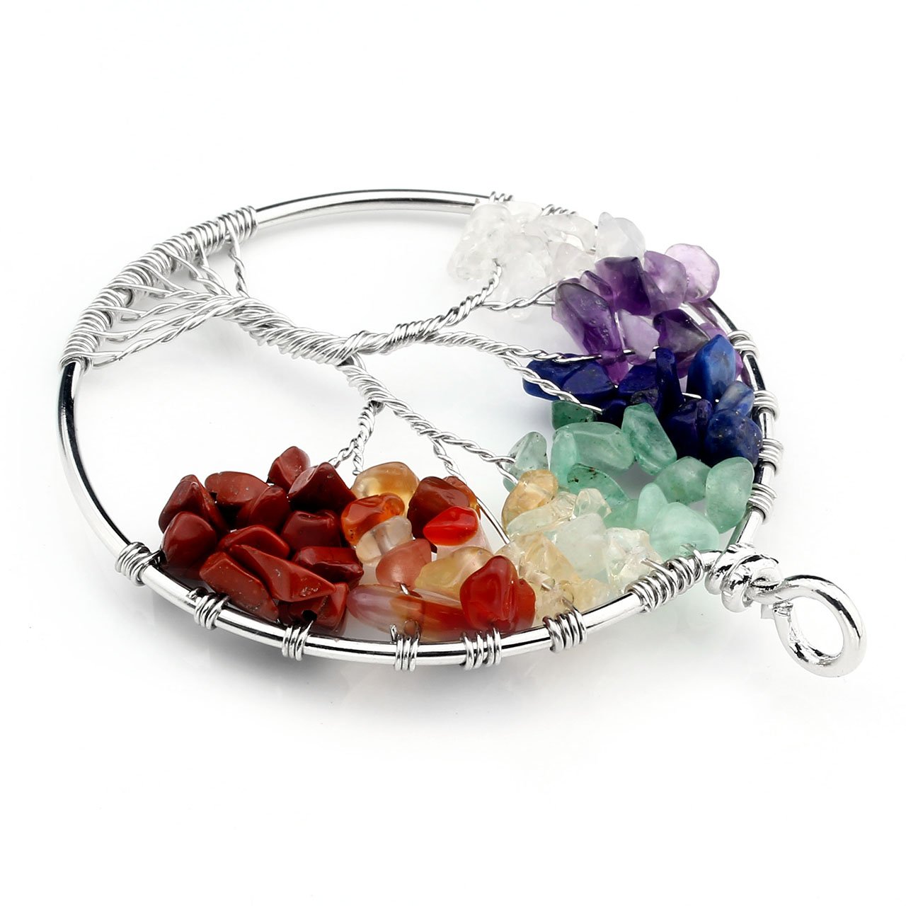 Top Plaza 2pc 7 Chakra Tumbled Stones Wire Wrap Tree Of Life Healing Crystal Pendant Necklace, Mother\'s Day Gift(Silver Round)