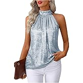 RoseSeek Women's Metallic Sleeveless Halter Tops Pleated Elegant Tank Top Casual Summer Work Shirts