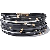 FANCY SHINY Beaded Leather Wrap Bracelets Cute Boho Stackable Bangle Cuff with Magnetic Clasp
