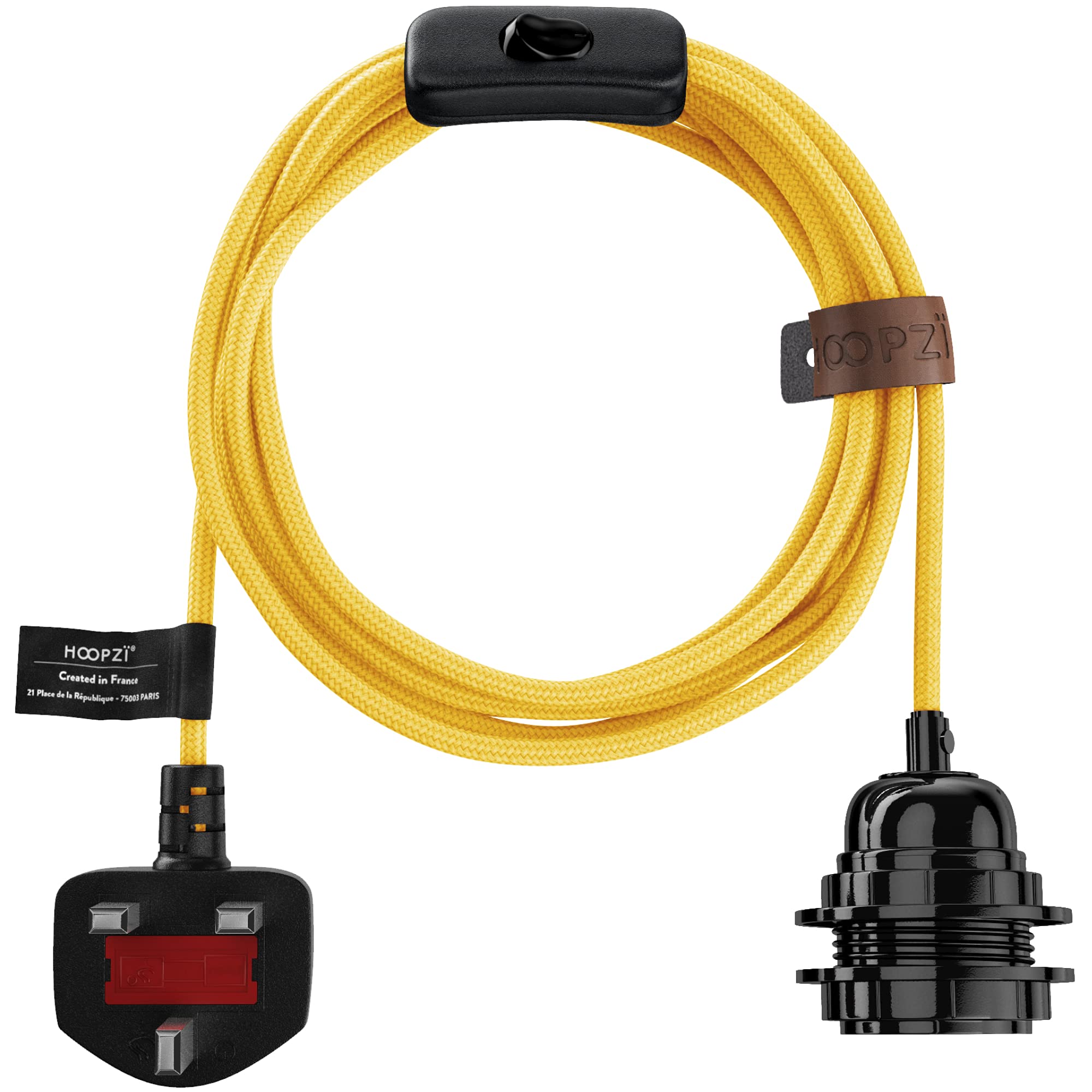 Hoopzi - Plug in Pendant Light to Light Up Your Home - 4.5M Fabric Electrical Cable - E27 Bulb Holder with Switch - Create Your Own Pendant Light, Portable Lamp, Hanging Lamp - BalaYellow