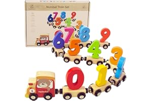 WOODENFUN Number Train Set for 1 2 3 Year Olds, Educational Toy Cars for Toddlers, Montessori Learning Toys for Boys and Girls (Red)