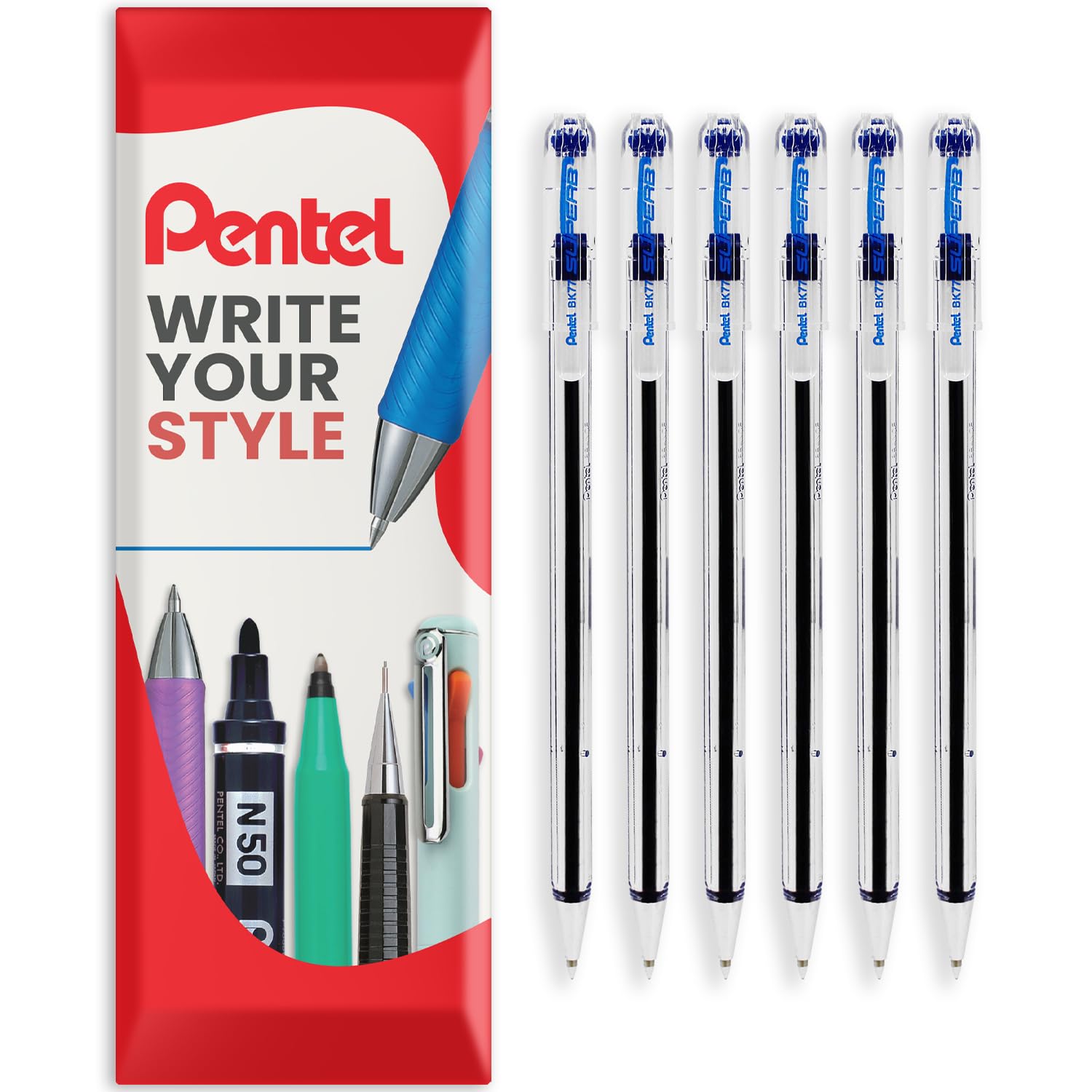 Pentel BK77 Superb Ballpoint Pens - 0.7mm Nib Tip 0.25mm Fine Line Width - In Envelope Gift Packaging (Blue Pack of 6)