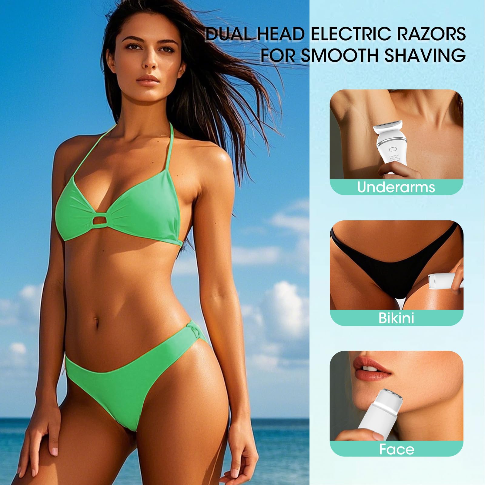 Zesuti Epilators Hair Removal for Women-2 in 1 Eletctric Razors for Women,Dual Head Bikini Trimmer for Pubic Hair/Lady Facial Razor,Cordless Epilator Body Shaver for Smooth Wet/Dry Shaving,Led Light