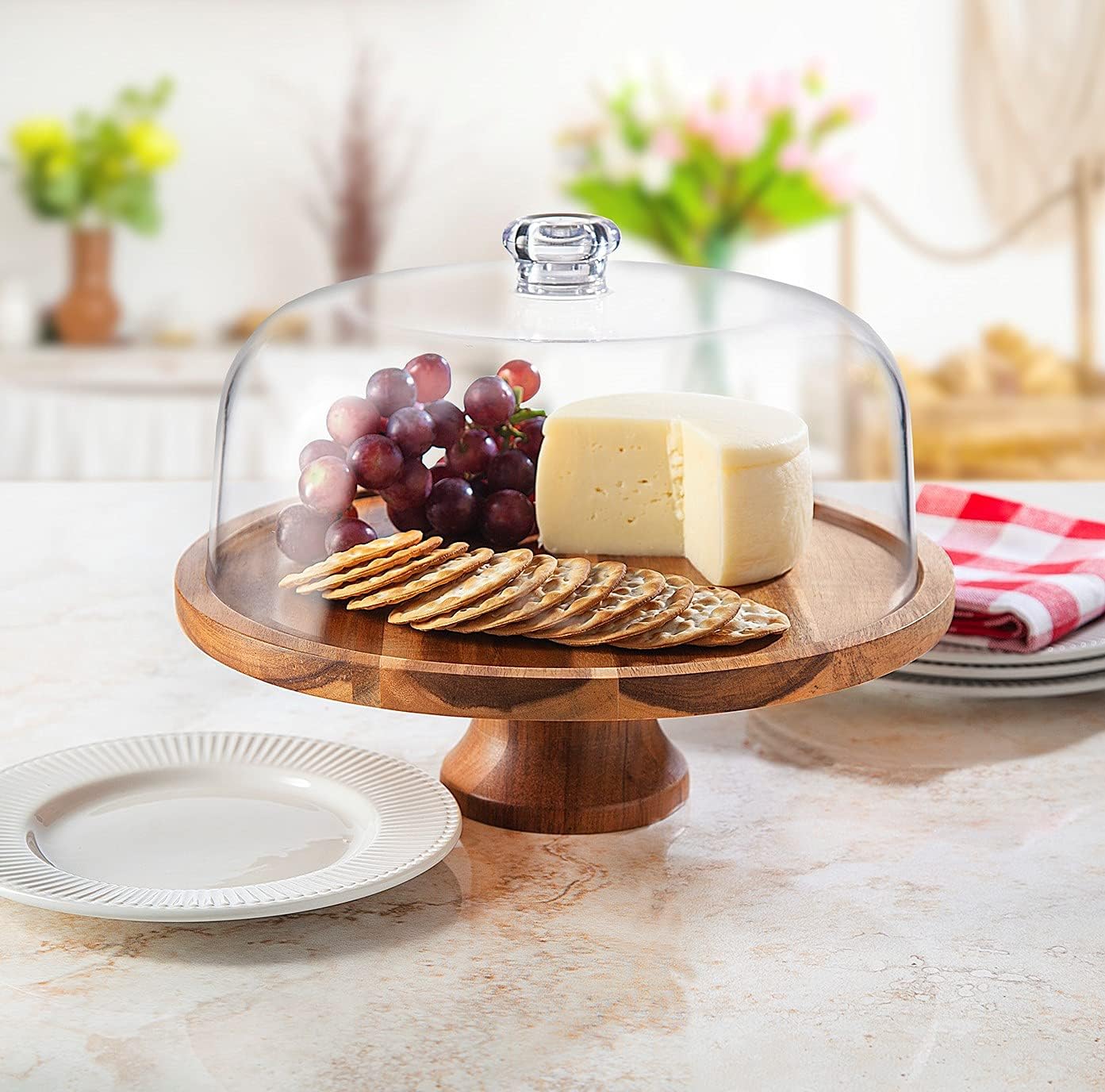 Godinger Cake Stand, Footed Cake Plate Server with Dome, Acaciawood and Shaterproof Acrylic Lid: Kitchen & Dining