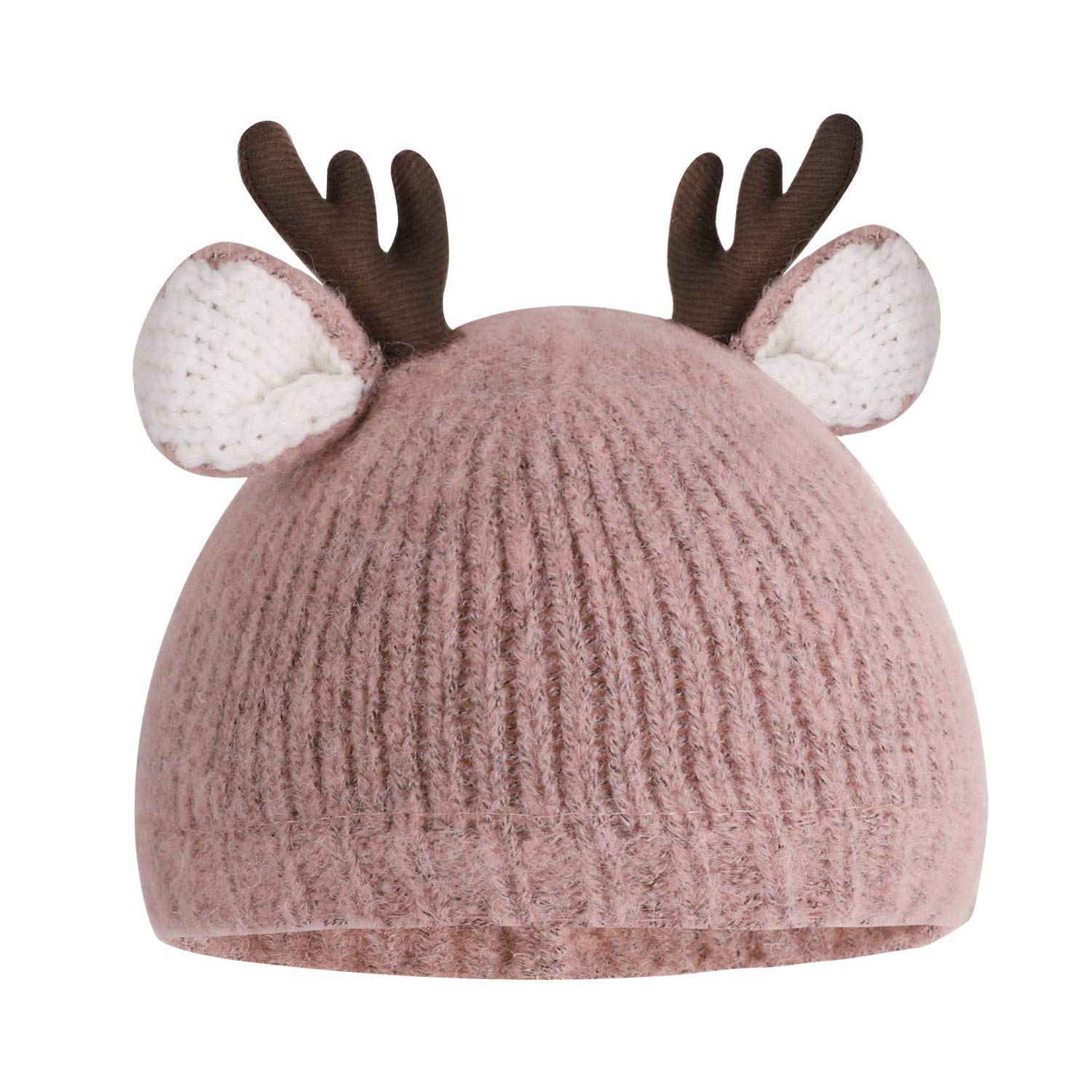 Baby Winter Knitted Hat Cute Deer Beanie Hat Adorable Antler Baby Cap Newborn Baby Photography Prop Cotton Lined Hat Kids Christmas Party Favors for 3-24 Months Baby 40-50cm Pink
