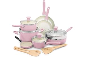 GreenPan Rio Healthy Ceramic Nonstick 16 Piece Cookware Pots and Pans Set, PFAS-Free, Dishwasher Safe, Pink
