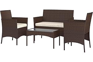 Outsunny 4 Pieces Wicker Patio Furniture Set, PE Rattan Outdoor Conversation Set with Loveseat, 2 Chairs, Tempered Glass Coff