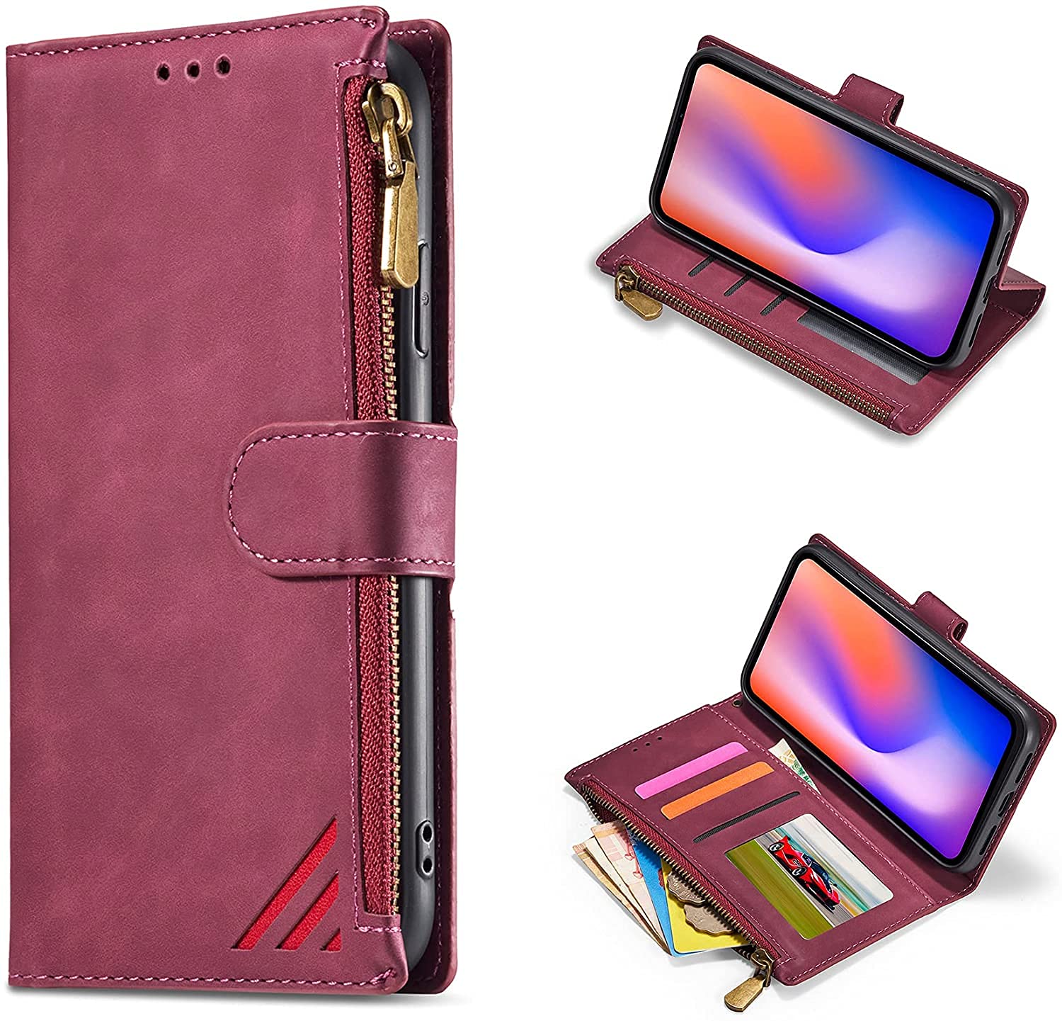 DEFBSC Case for iPhone SE 2022/2020/7/8, Premium PU Leather Magnetic Closure Card Holder Slots Zipper Pocket with Wrist Strap TPU Shockproof Flip Cover-Wine Red