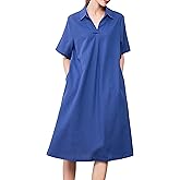 Minibee Women's Linen Shirt Dress Plus Size V Neck Short Sleeve Casual Summer Swing Midi Dresses