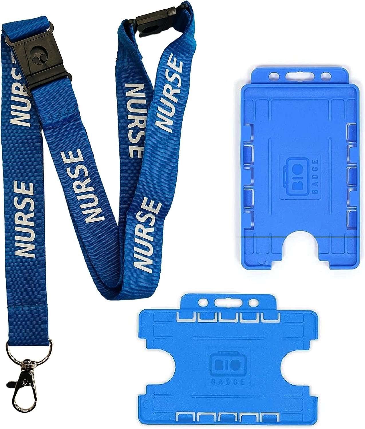 20mm Blue Nurse Neck Lanyard with Triple (3 Point) Breakaway & Double Blue ID Card Holder (Horizontal Card Holder)
