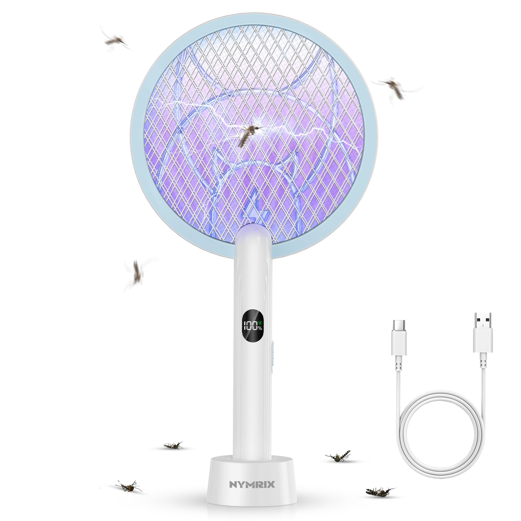Photo 1 of Nymrix Electric Fly Swatter Racket, 2 in 1 Mosquito Bug Zapper 4100V Handheld Mosquito Killer with 1800 mAh Rechargeable Battery, Purple Light and 3-Layer Safety Mesh for Indoor Outdoor Blue