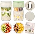SOLIGT 2 Pack Overnight Oats Containers with Lids, Folding Spoons, and Divided Compartments for Fruit & Nuts, Small Glass 16oz Mason Jars for Oatmeal Yogurt Parfait (2 Set-Oat White/Organic Green)