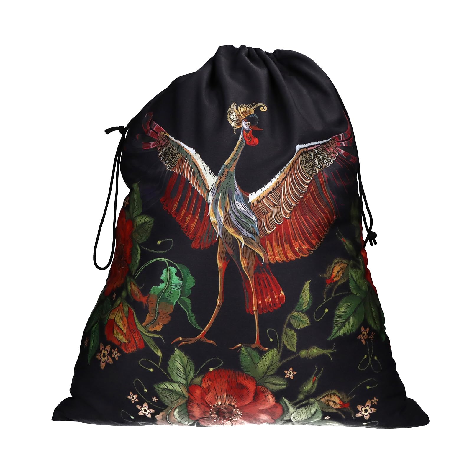 trendfinding Large Laundry Bag 15kg capacity, 60x70 cm made of 12OZ cotton - Black with Flower Paradise Bird design, transfer print and drawstring on both sides.