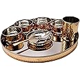 Zap impex Indian Crockery Stainless Steel Copper Hammered Traditional Crockery Set of Thali Plates, Bowls, Glass and Spoon Serving Tableware for Home and Kitchen