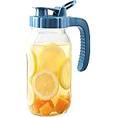 Half Gallon Glass Pitcher With Lid 64 Oz Wide Mouth Mason Jar Cold Hot Water Pitcher 2 Quart Sun Tea Glass Jar For Outside For Fridge Lemonade, Beverage,Milk,Juice, Cold Brew Iced Tea Container